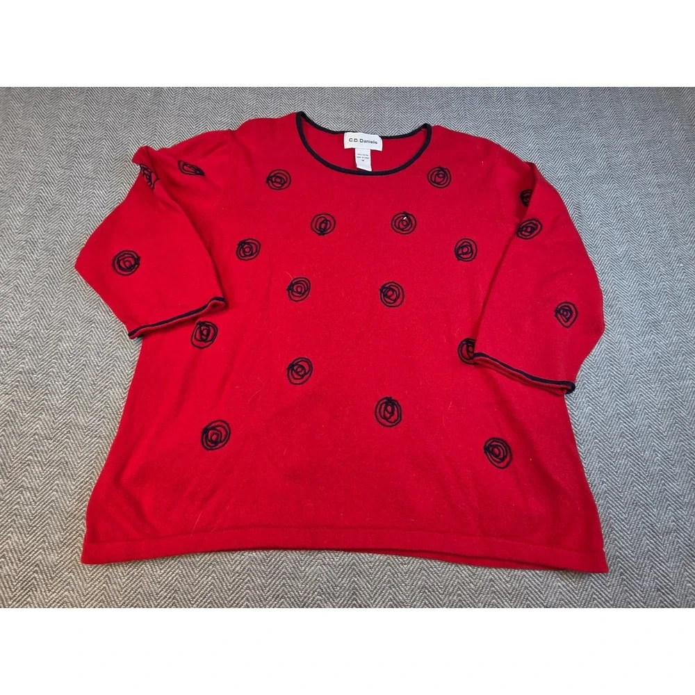 C.D. Daniels Red Cotton Knit Embroidered Swirl 3/4 Sleeve Sweater 1X